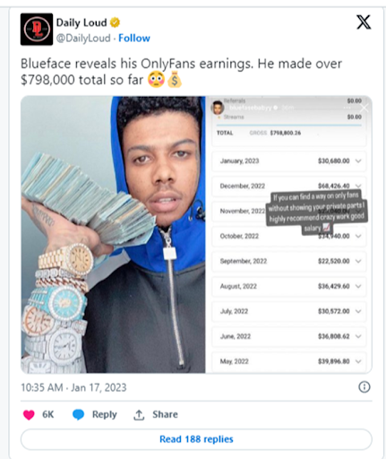 BlueFace’s exclusive X post disclosing his overall OnlyFans earnings