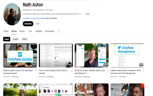 Nath Aston's YouTube channel has 14K subscribers and has insightful videos on marketing and content creation.