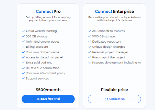 Scrile provides the ConnectPro and ConnectEnterprise Pricing Plan