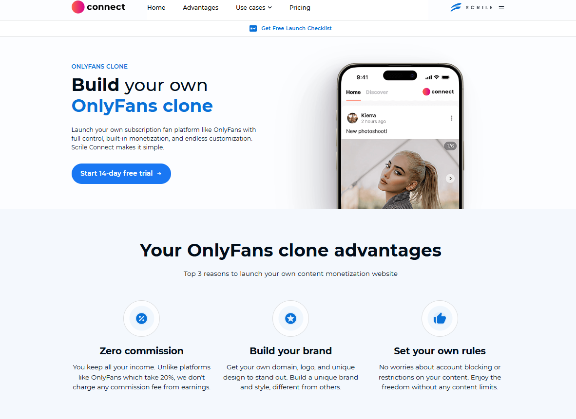 Scrile Connect OnlyFans clone script homepage