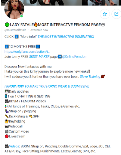 Lady Fatale creates BDSM/ Femdom feetish content on face sitting, JOI, CEI, leather, etc. 