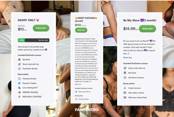 FanCentro has three different types of content sales: recurring, one-time, and free-trial. 