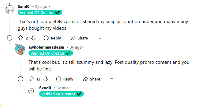 Reddit discussions that suggest creating quality content on Tinder for OnlyFans promotion.