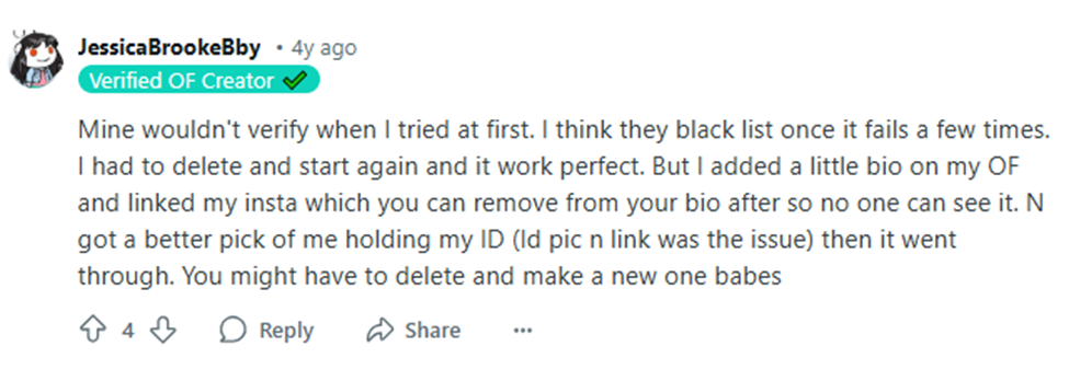 Reddit Snippet on linking social media accounts for OnlyFans Verification.