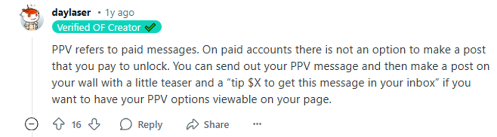 Reddit snippet regarding making PPV posts on OnlyFans