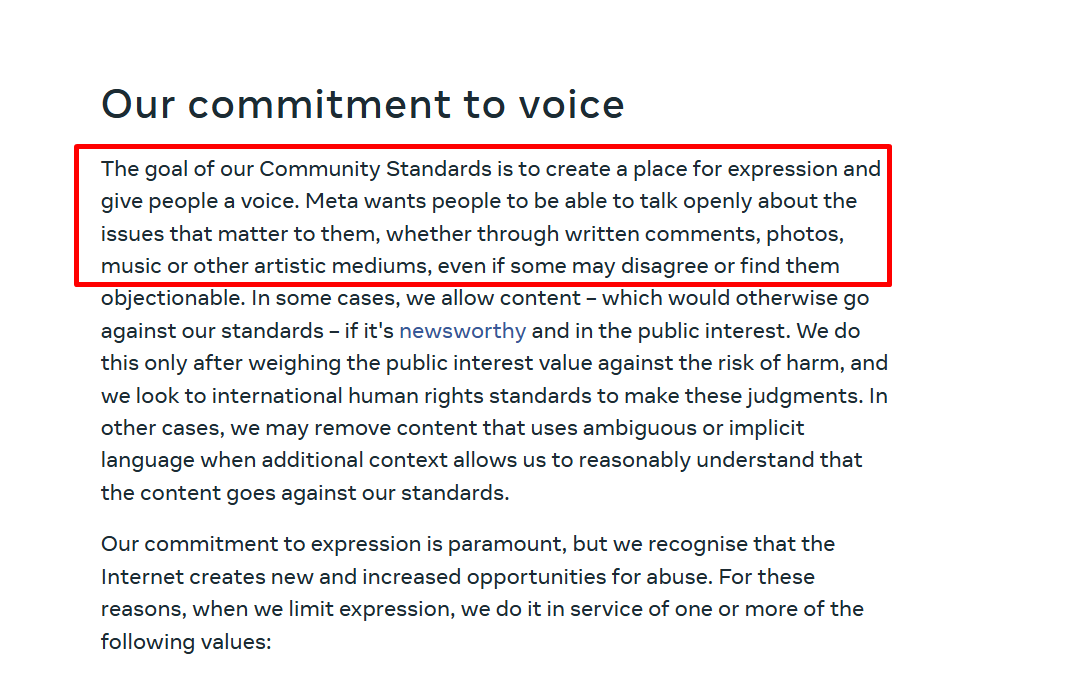 Meta’s community standards starts with a clear mission and vision