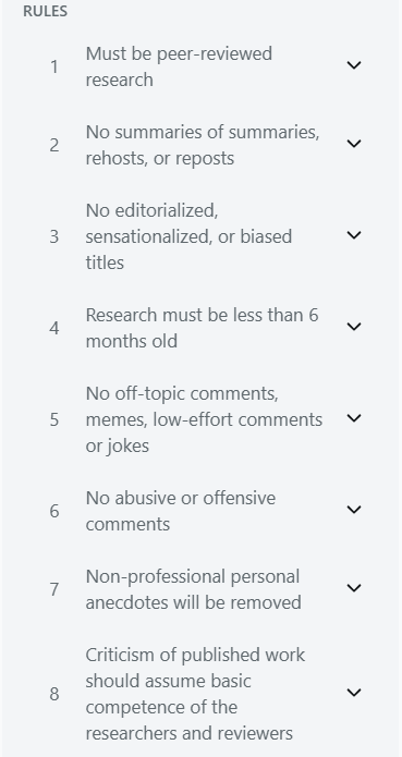r/science has a fairly simple community guideline section