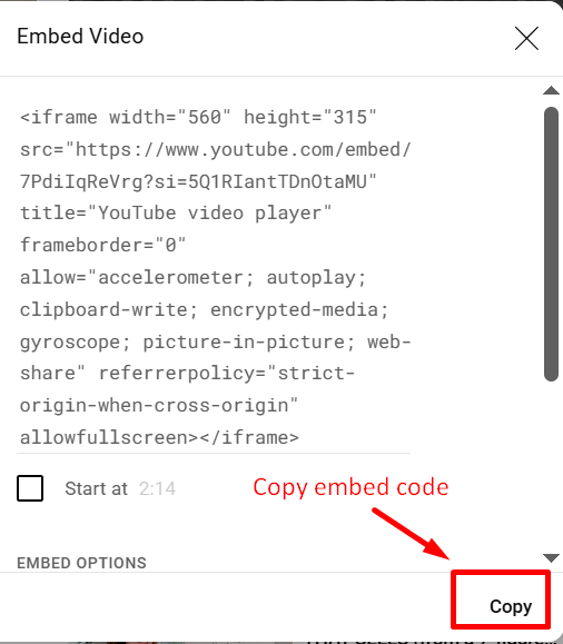 Copy Embed Code on YouTube