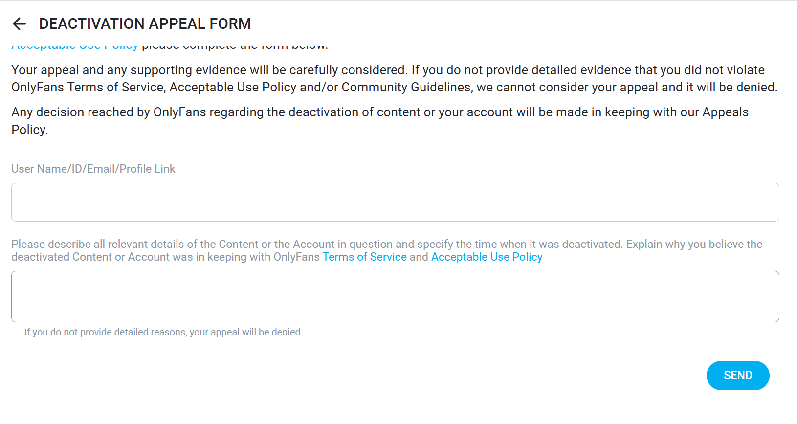 OnlyFans Deactivation Appeal Form