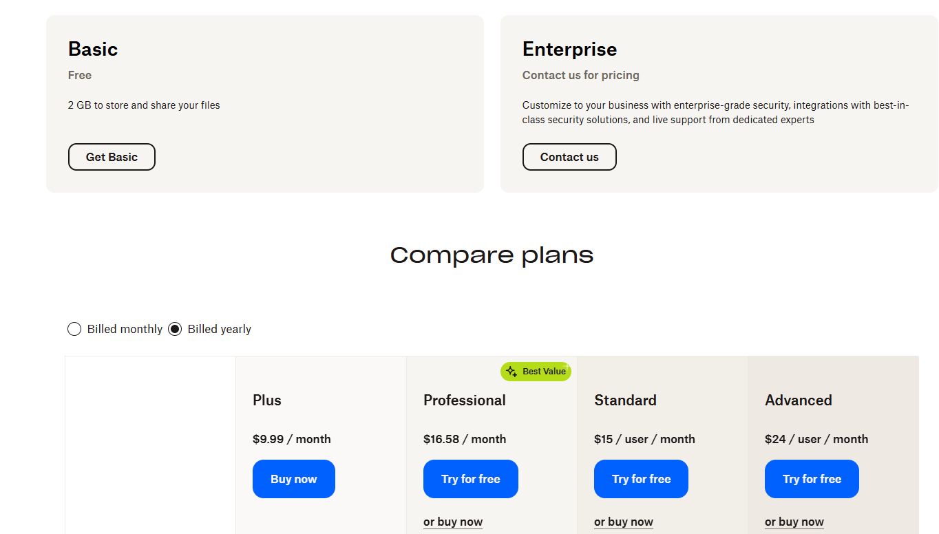 Dropbox Freemium Pricing (Free storage up to 2 GB in basic plan)