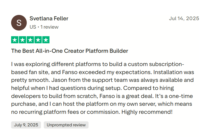 Fanso Trustpilot review praising Fanso as the best OnlyFans clone script