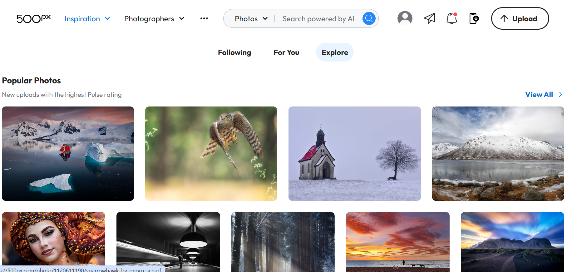 500px photography website homepage showcasing high-quality images from photographers