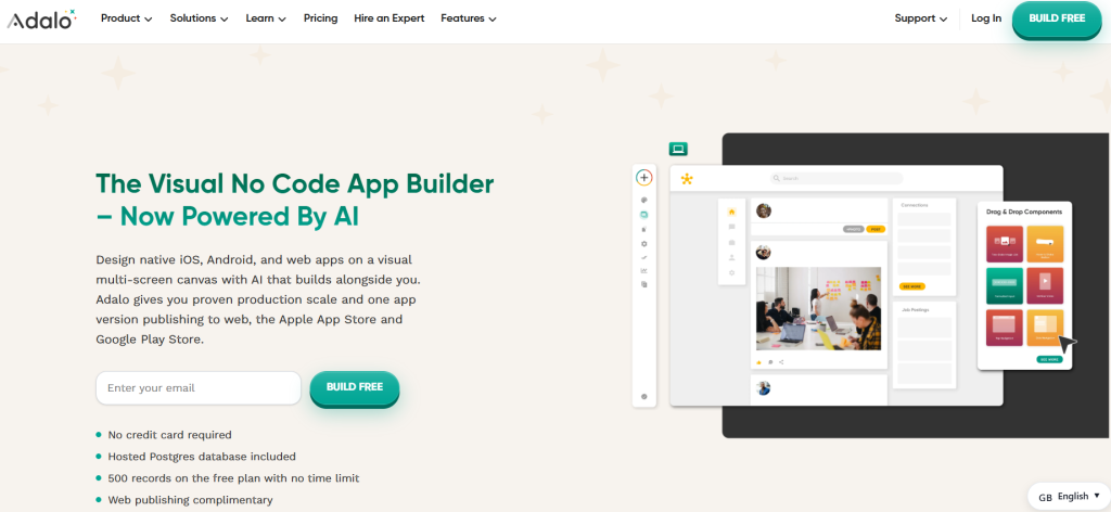 Adalo no-code app builder homepage for creating OnlyFans clone apps