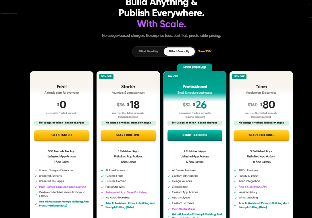 Adalo pricing plans for building subscription-based apps
