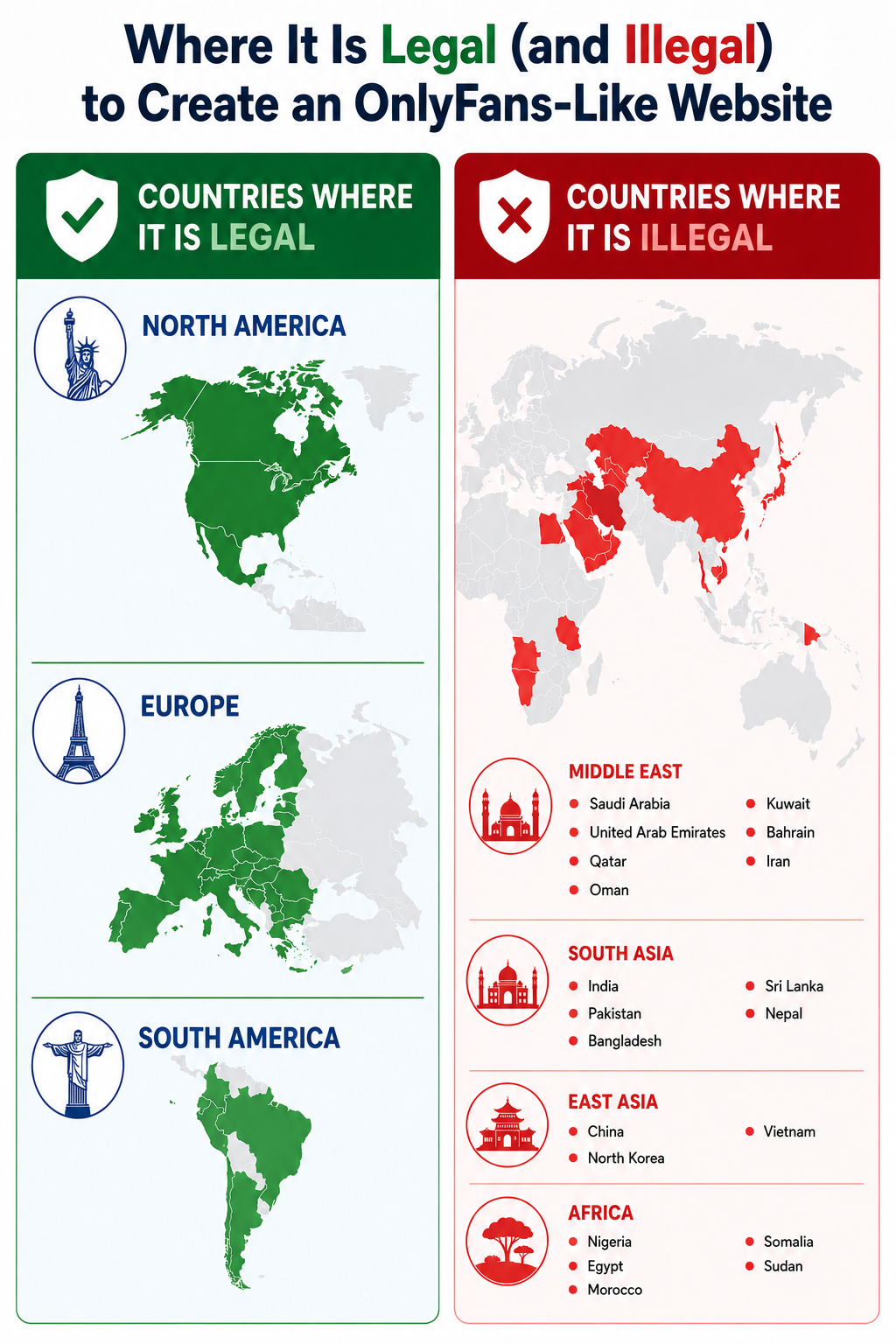 Map showing countries where OnlyFans-like platforms are legal and restricted