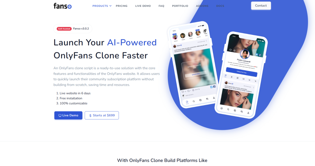 Fanso OnlyFans clone script homepage with AI-powered creator platform