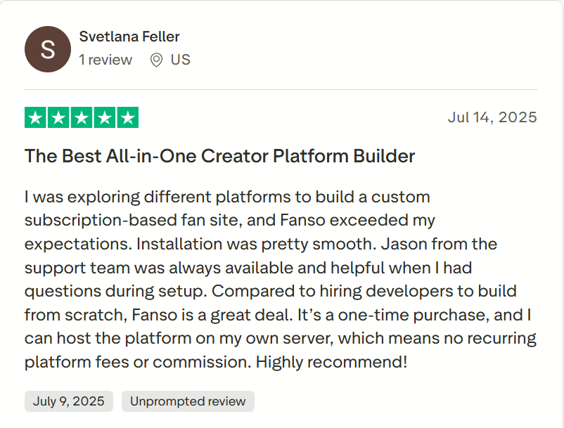 Trustpilot review of the Fanso OnlyFans clone script platform