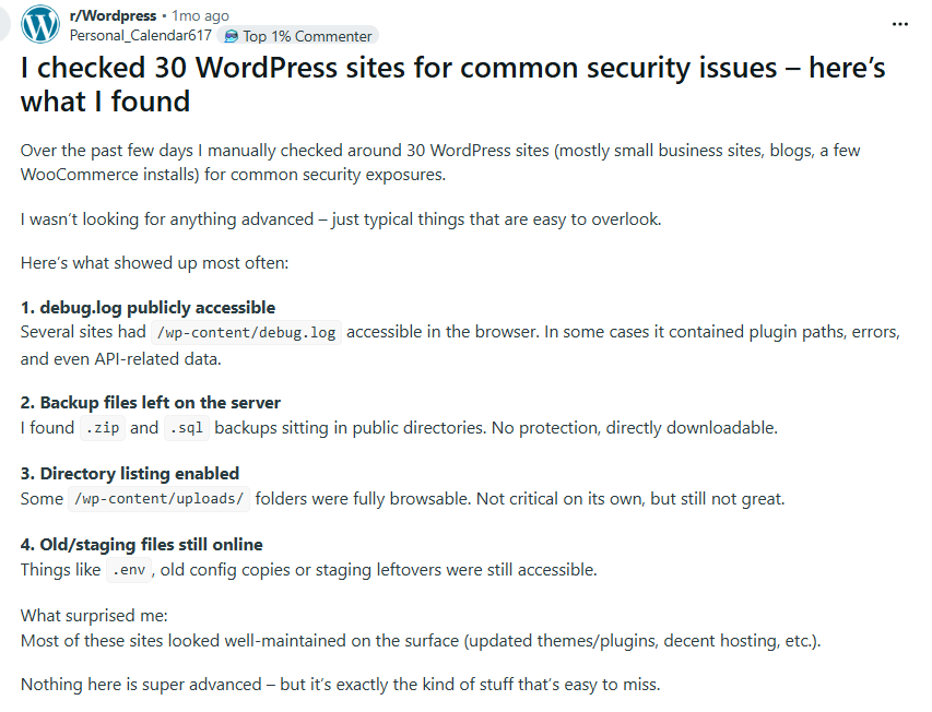 Reddit Discussions on WordPress Site Vulnerabilities