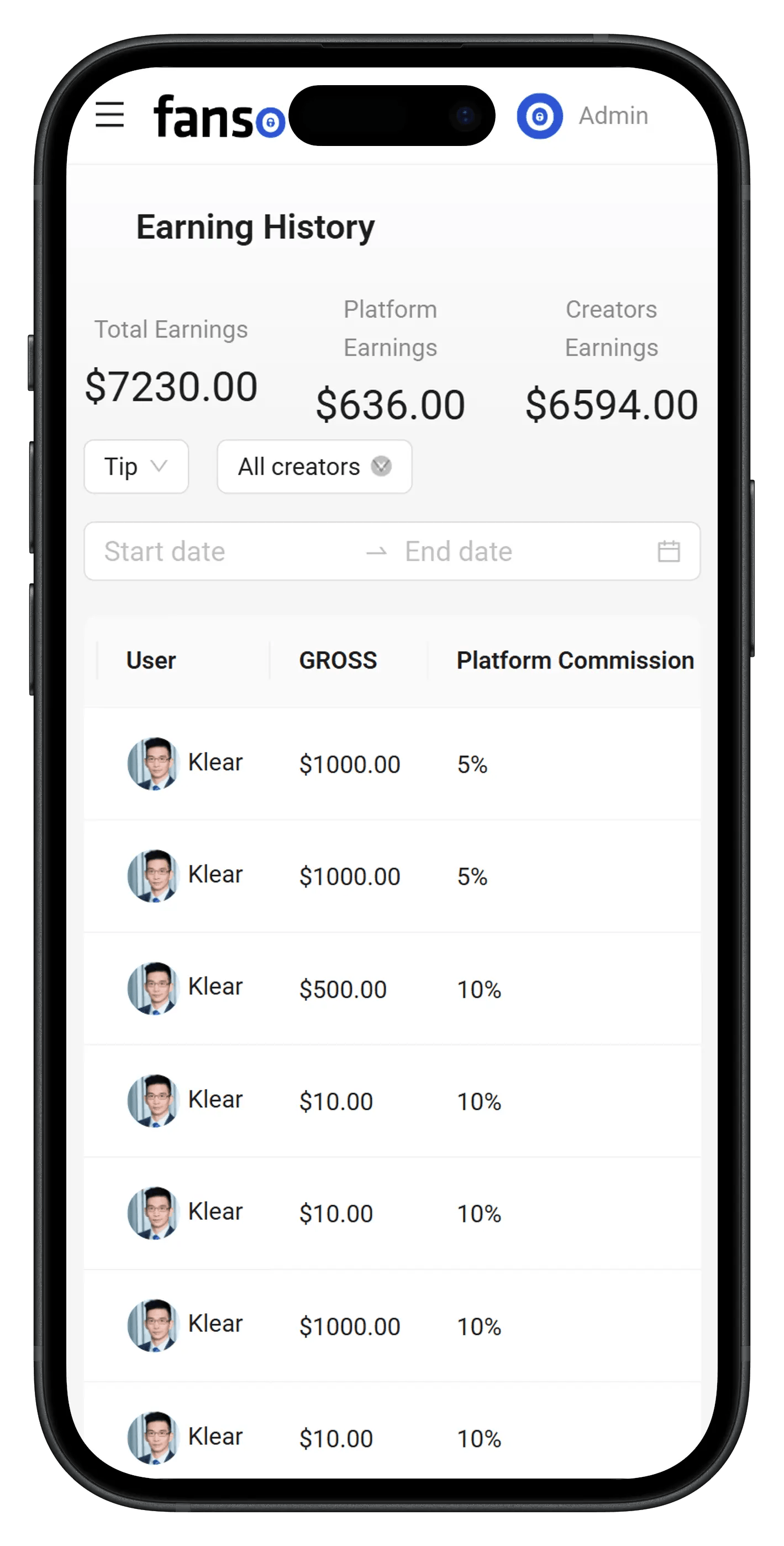 Admin dashboard interface of Fansly clone built with Fanso