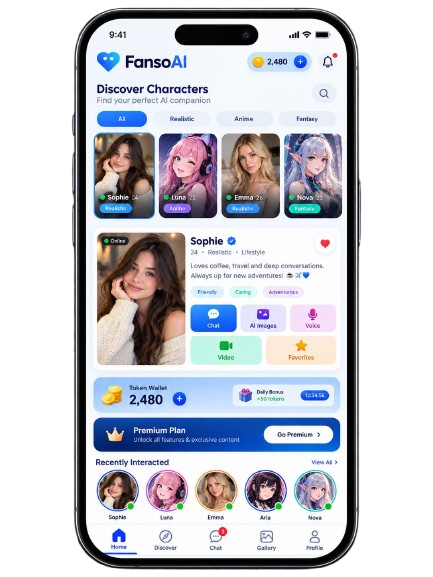 Candy AI clone user dashboard showing AI character discovery, roleplay chat, image generation, and token balance.