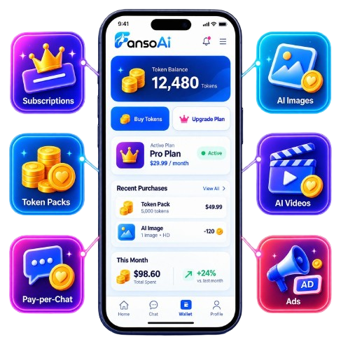 Candy Ai clone monetization features including subscriptions, token packs, AI voice, image generation, character customization, and premium AI access
