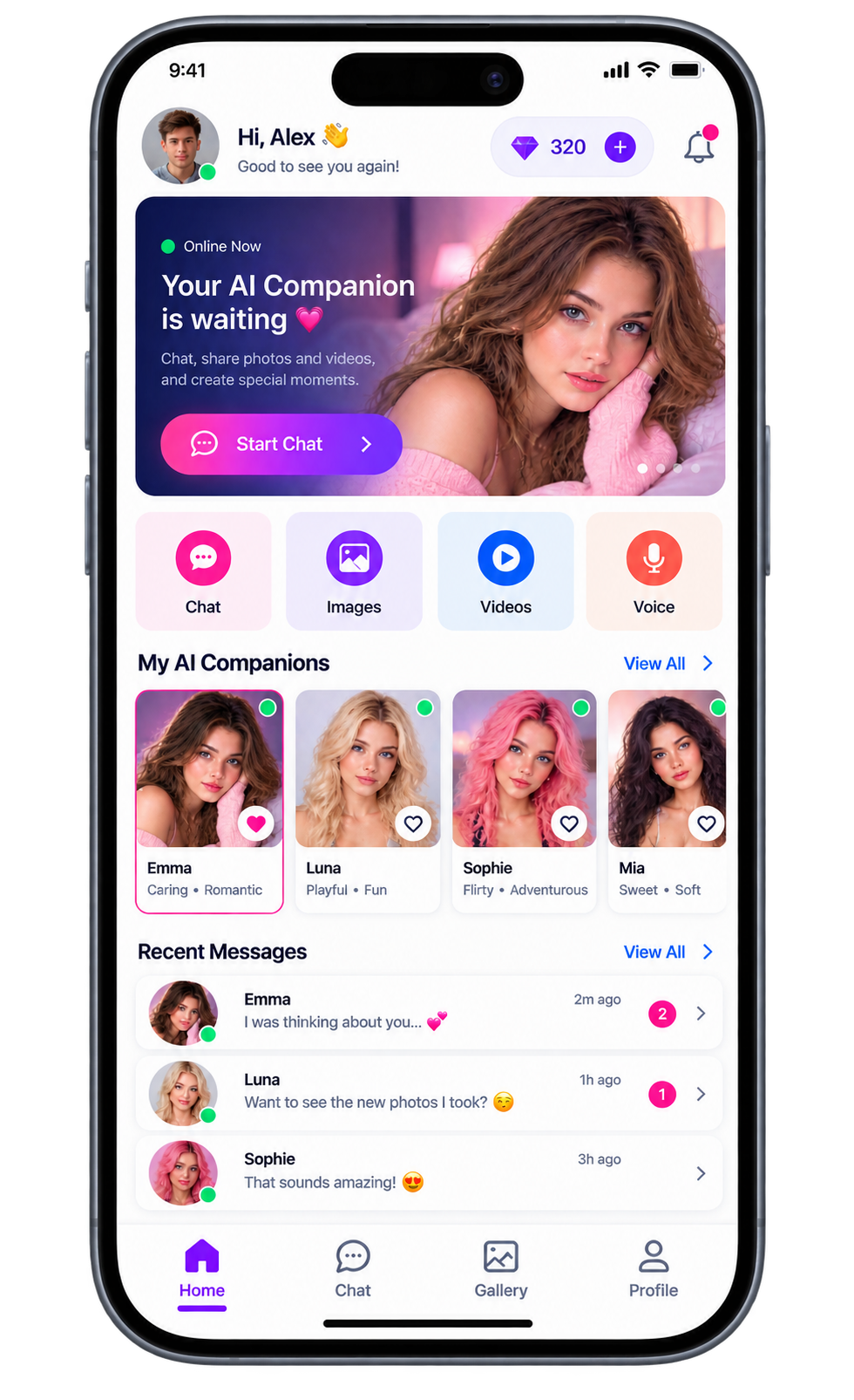 DreamGF clone user dashboard showing AI girlfriend chat, image generation, credit wallet, and subscription management.