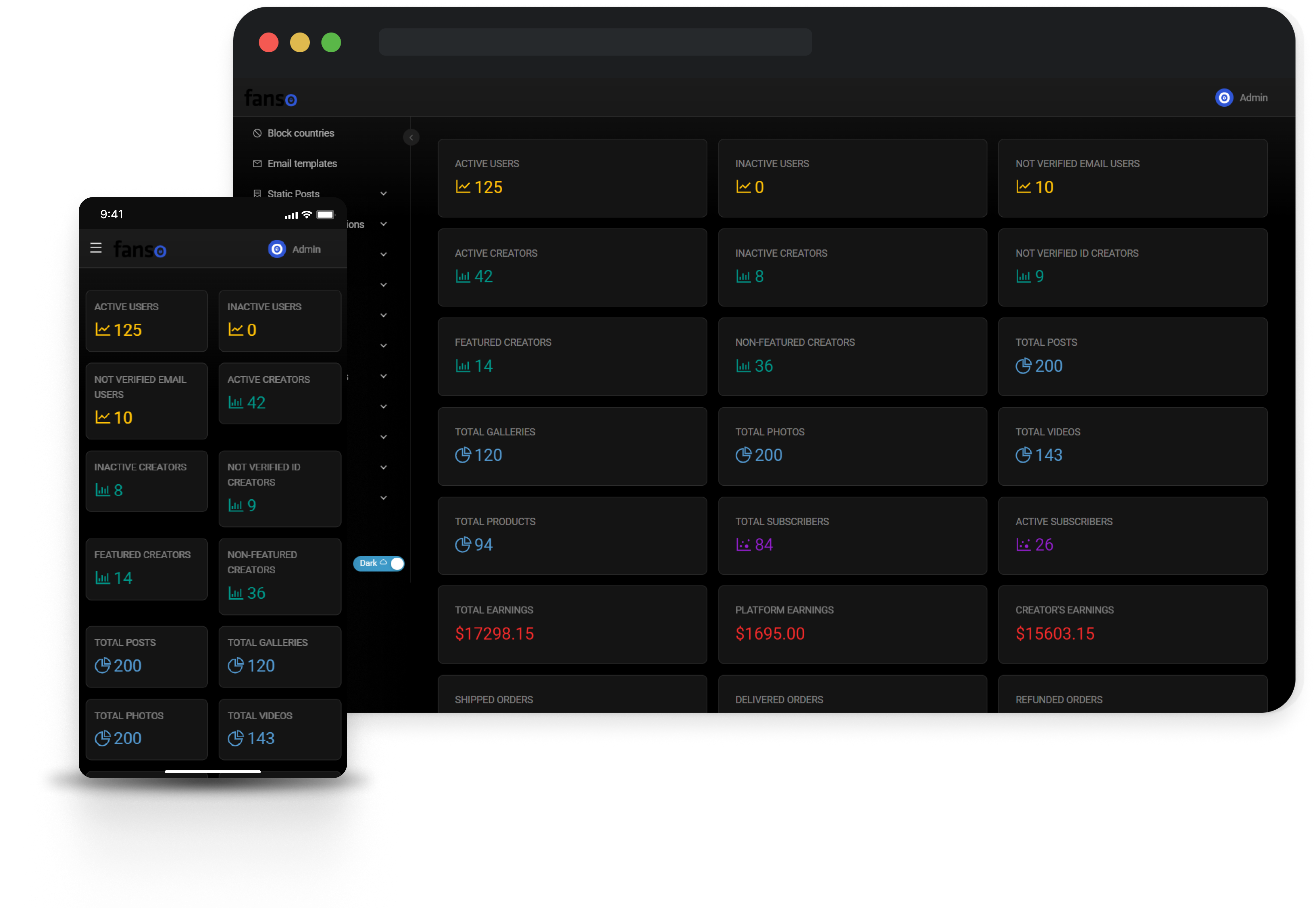 OnlyFans clone admin dashboard showing analytics data and performance insights.